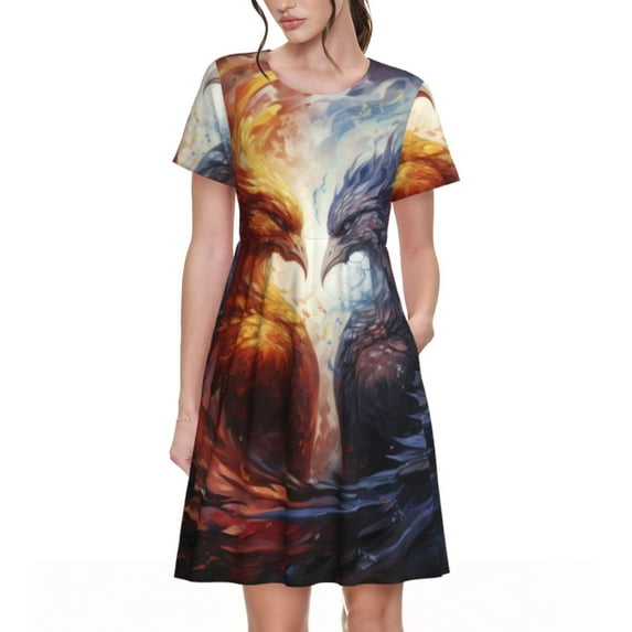 Rocae Red And White Fire Bird for Dresses Summer Casual Ruffle Short Sleeve Cute Crew Neck Flowy Dress with Pockets