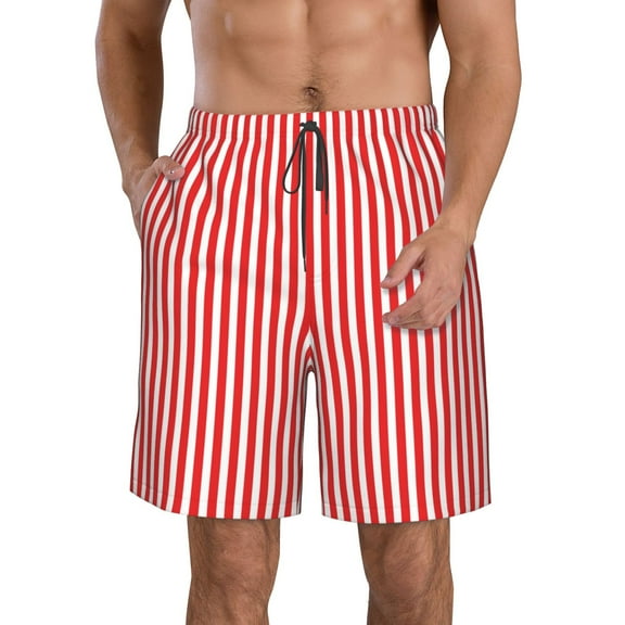 Rocae Red And White Stripes for Men's Beach Shorts Casual Elastic Waist Drawstring Summer Beach Shorts,S-3XL-Small