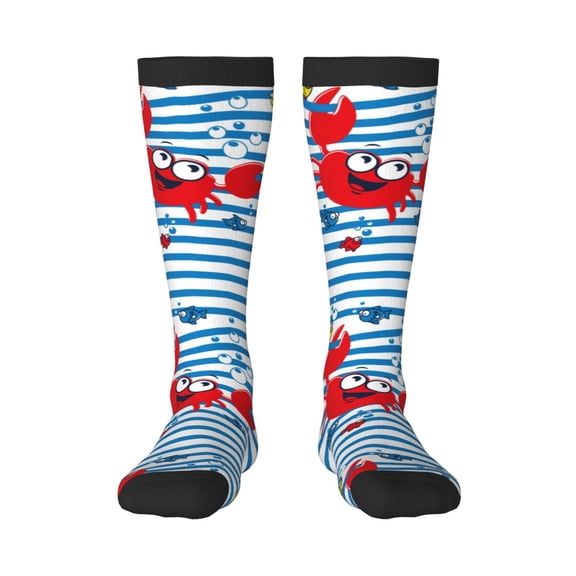 Rocae Red Funny Crab on Blue Stripe for Novelty Casual compression Socks For Women Men Contrast Color Stockings