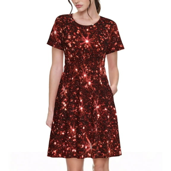 Rocae Red Glitter Texture for Dresses Summer Casual Ruffle Short Sleeve Cute Crew Neck Flowy Dress with Pockets