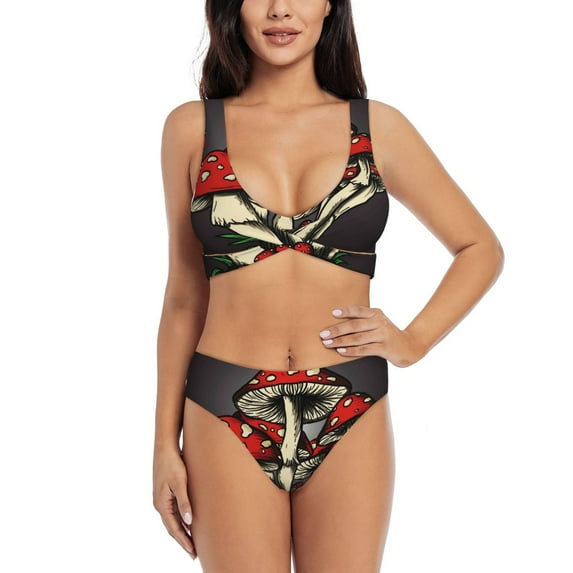 Rocae Red Mushrooms for Bikini Set for Women Two Piece Sexy High Swimsuits Split Crossover Bikini Large