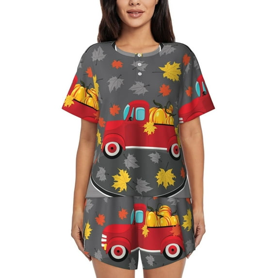 Rocae Red Pickup Truck With Pumpkins for Two Piece Sleepwear Pajamas Sets for Women Soft Short-Sleeved Pjs with Lounge Shorts -Small
