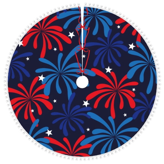 Rocae Red White Blue Fireworks for Christmas Tree Skirt with Pom Pom Trim for Holiday Party for Holiday Home Decor Indoor Outdoor-30"