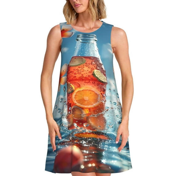 Rocae Refreshing Citrus Splash for Sleeveless Dresses Summer Casual Ruffle Sleeveless Cute Crew Neck Flowy Dress with Pockets