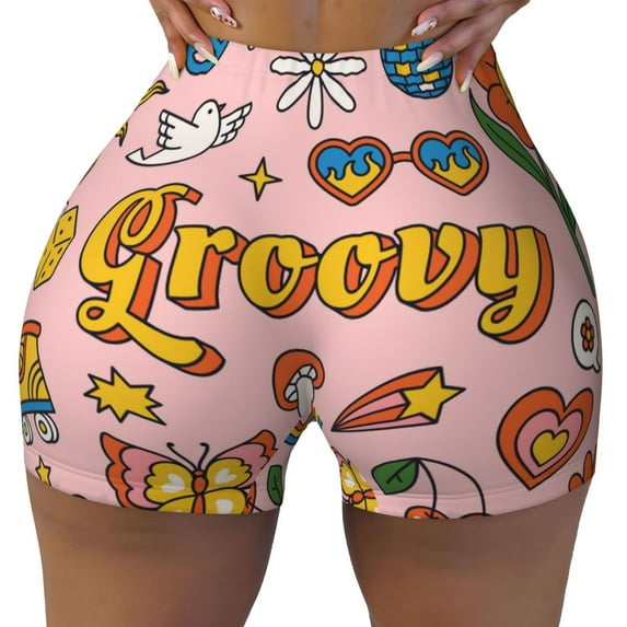 Rocae Retro 70s Hippie for Women's Quick-Dry Running Shorts,Ladies Active Athletic Apparel Yoga Workout Gym Running Volleyball Spandex Shorts Small