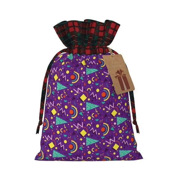 Rocae Retro 80s Style Print Christmas Drawstring Linen Gift Bag with Drawstrings Treat Bag Goody Present Bags for Christmas Party Favor