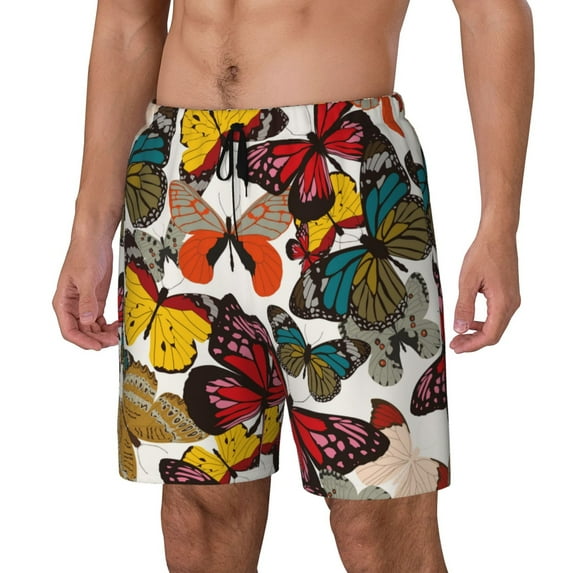 Rocae Retro Floral Butterfly for Men's Swim Trunks Quick Dry With Two Side Pockets and One Lined Patch PocketSmall