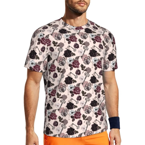 Rocae Retro Red Black Roses for Men's Mesh Quick-Dry Short Sleeve Workout T-Shirt,Mens Crew Neck Tee Lightweight Soft Classic T Shirts 6X-Large