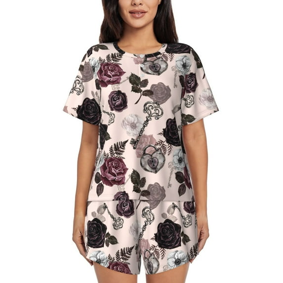 Rocae Retro Red Black Roses for Two Piece Sleepwear Pajamas Sets for Women Soft Short-Sleeved Pjs with Lounge Shorts 3X-Large