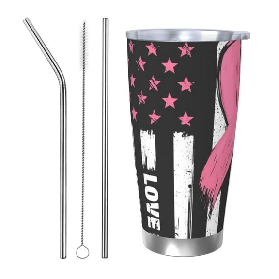 Rocae Ribbon Breast Cancer Awareness for 20 Ounces Stainless Steel Insulted Tumbler Car Cup Drink Mug Inspirational Graduate Present-Straw Three-piece Set