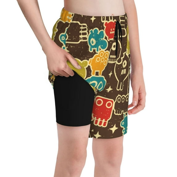 Rocae Robot and Monsters for Teen Beach Trunks Boys Swim Trunks with Compression Liner Quick Dry Board Shorts