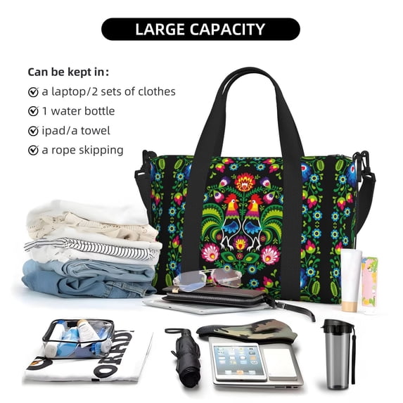 Rocae Roosters and Flowers for Travel Shoulder Bag Top Handle Handbag with Yoga Mat Buckle for Gym, Work, Travel