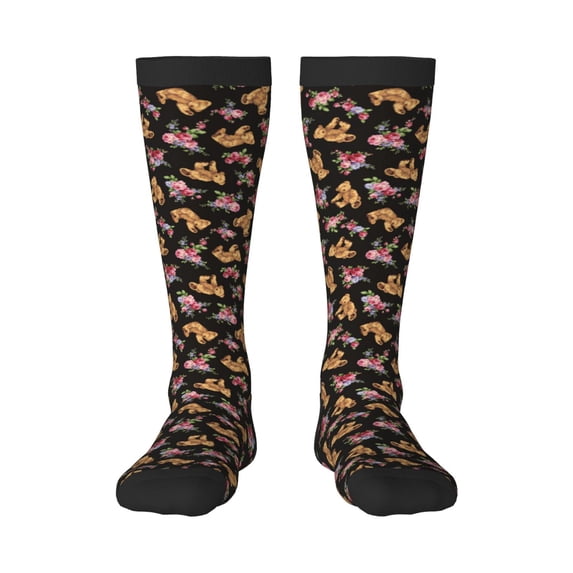 Rocae Rose Flower Bear for Novelty Casual compression Socks For Women Men Contrast Color Stockings