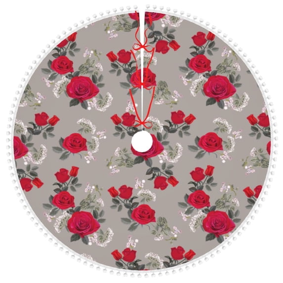Rocae Rose Flowers for Christmas Tree Skirt with Pom Pom Trim for Holiday Party for Holiday Home Decor Indoor Outdoor-36"