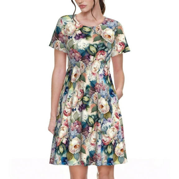 Rocae Rose Flowers for Dresses Summer Casual Ruffle Short Sleeve Cute Crew Neck Flowy Dress with Pockets