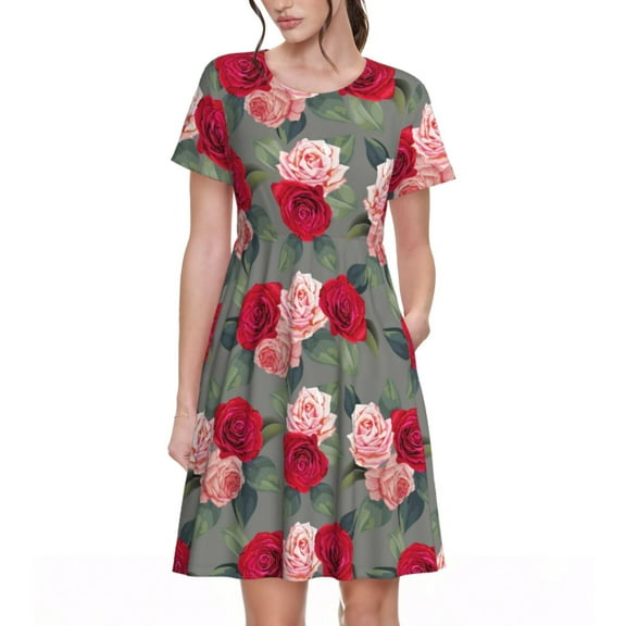 Rocae Rose Flowers for Dresses Summer Casual Ruffle Short Sleeve Cute Crew Neck Flowy Dress with Pockets