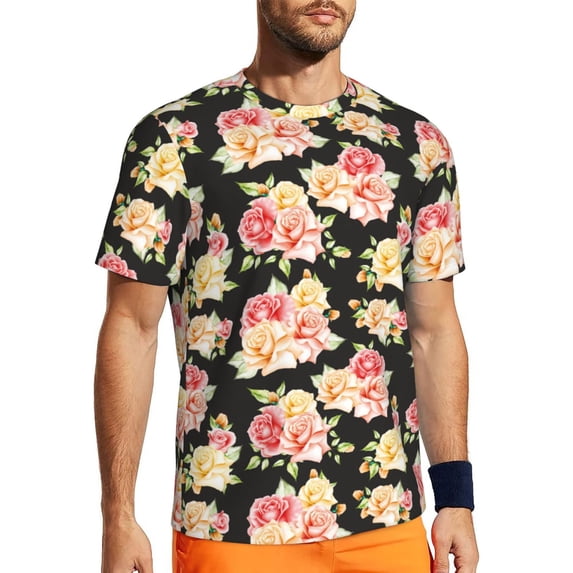 Rocae Rose Flowers for Men's Mesh Quick-Dry Short Sleeve Workout T-Shirt,Mens Crew Neck Tee Lightweight Soft Classic T Shirts Medium