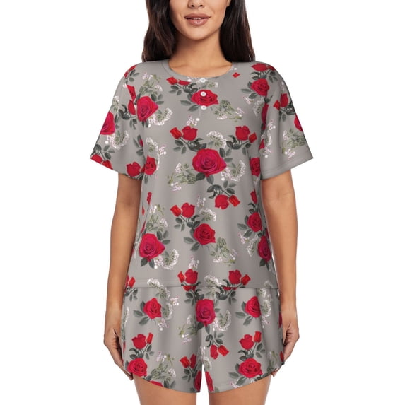 Rocae Rose Flowers for Two Piece Sleepwear Pajamas Sets for Women Soft Short-Sleeved Pjs with Lounge Shorts 4X-Large