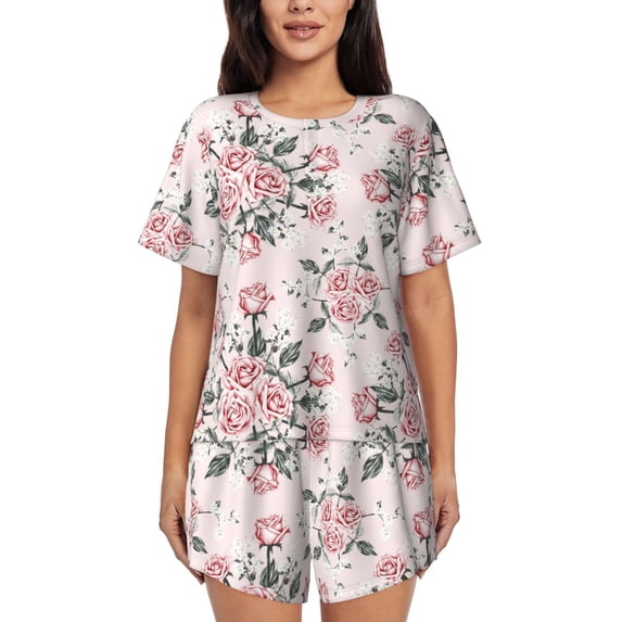 Rocae Rose Flowers for Two Piece Sleepwear Pajamas Sets for Women Soft Short-Sleeved Pjs with Lounge Shorts X-Large