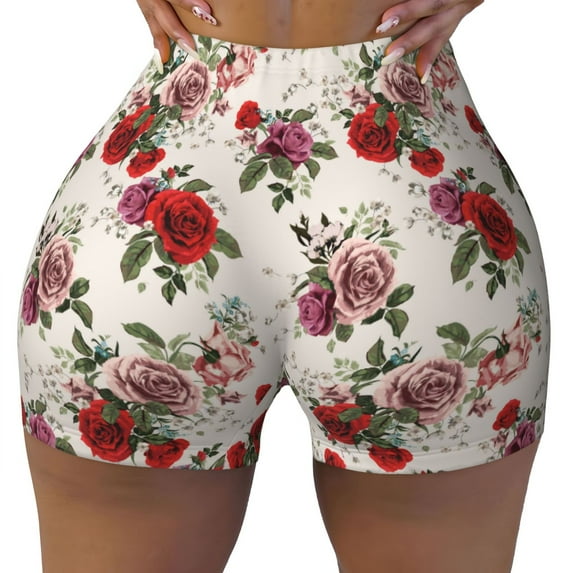Rocae Rose Flowers for Women's Quick-Dry Running Shorts,Ladies Active Athletic Apparel Yoga Workout Gym Running Volleyball Spandex Shorts Large
