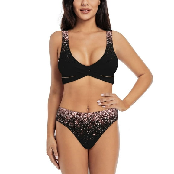 Rocae Rose Gold Glitter1 for Bikini Set for Women Two Piece Sexy High Swimsuits Split Crossover Bikini Medium