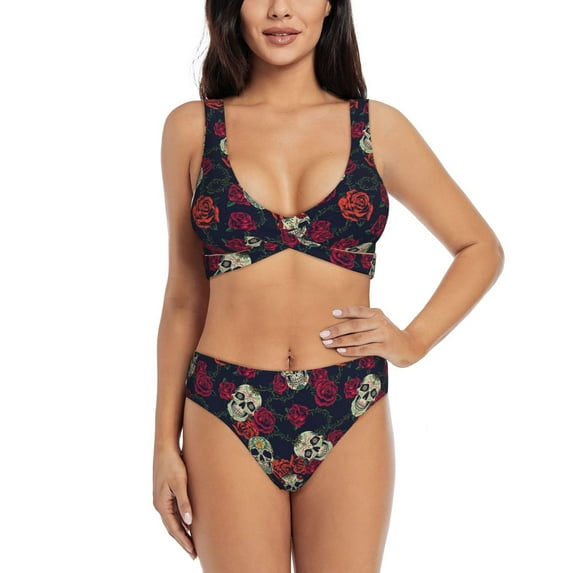 Rocae Roses Skulls for Bikini Set for Women Two Piece Sexy High Swimsuits Split Crossover Bikini Small