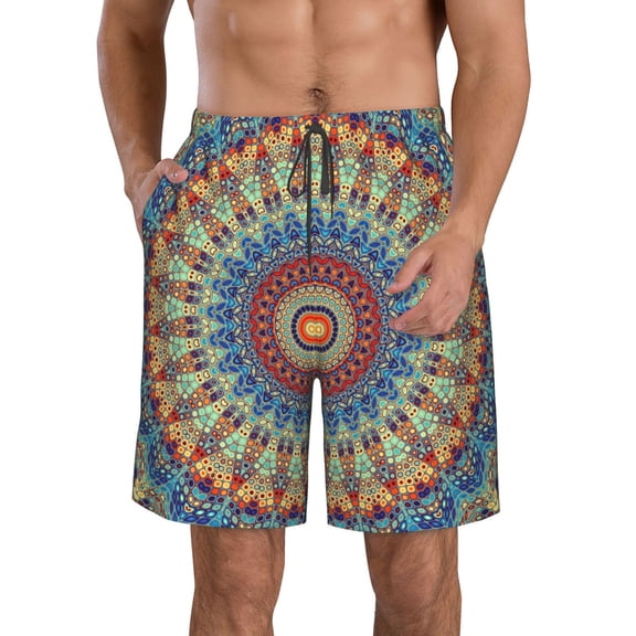 Rocae Round Mandala for Men's Beach Shorts Casual Elastic Waist Drawstring Summer Beach Shorts,S-3XL-Medium