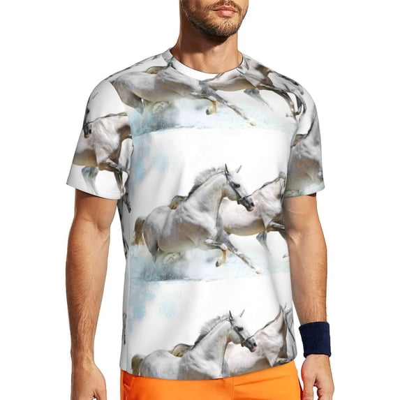 Rocae Running White Horses for Men's Mesh Quick-Dry Short Sleeve Workout T-Shirt,Mens Crew Neck Tee Lightweight Soft Classic T Shirts 6X-Large