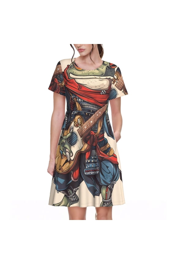 Samurai Frog Guitar for Dresses Summer Casual Ruffle Short Sleeve Cute Crew Neck Flowy Dress with Pockets
