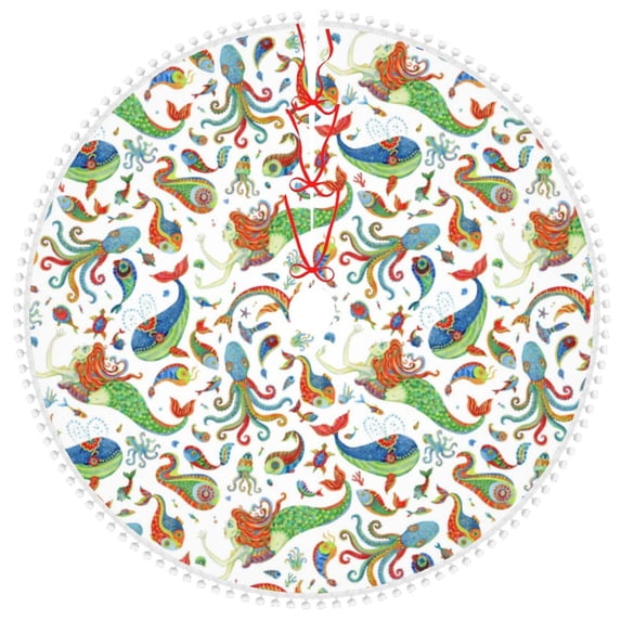 Rocae Sea Animals 1 for Christmas Tree Skirt with Pom Pom Trim for Holiday Party for Holiday Home Decor Indoor Outdoor-30"