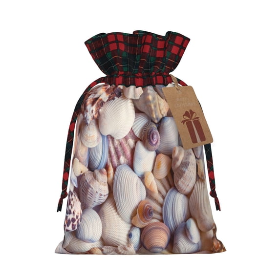 Rocae Sea Shells Print Christmas Drawstring Linen Gift Bag with Drawstrings Treat Bag Goody Present Bags for Christmas Party Favor