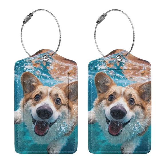 Rocae Sea Swimming Corgi for Leather Luggage Baggage Tags ID Label Privacy Cover ID Label with Stainless Steel Loop and Address Card