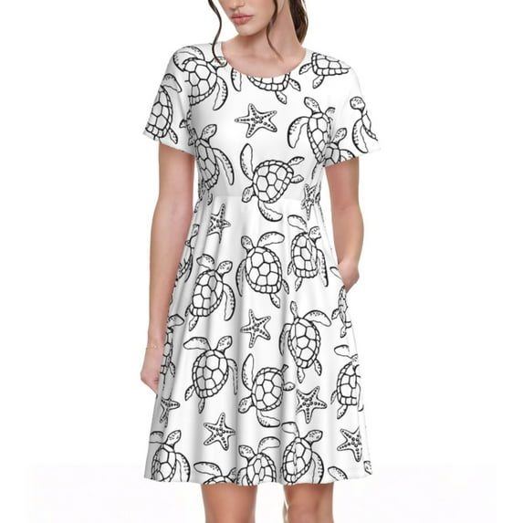 Rocae Sea Turtle for Dresses Summer Casual Ruffle Short Sleeve Cute Crew Neck Flowy Dress with Pockets