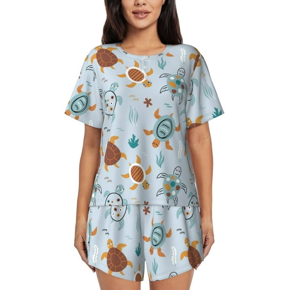 Rocae Sea Turtle for Two Piece Sleepwear Pajamas Sets for Women Soft Short-Sleeved Pjs with Lounge Shorts Small