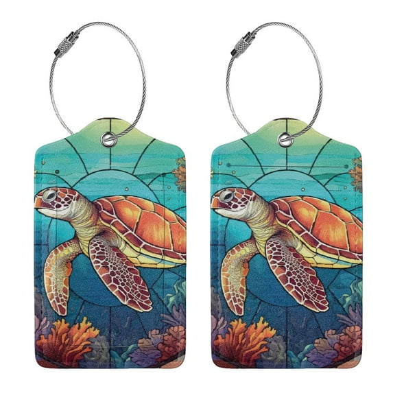 Rocae Sea Turtle in Coral for Leather Luggage Baggage Tags ID Label Privacy Cover ID Label with Stainless Steel Loop and Address Card