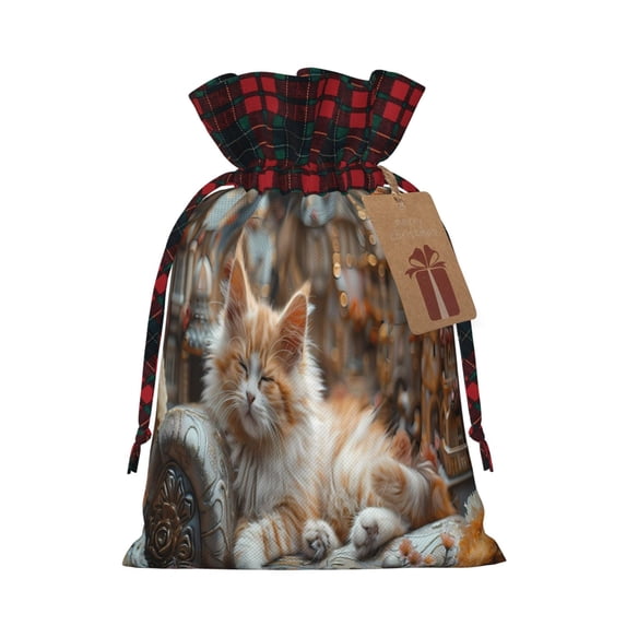 Rocae Serene Kitten Kingdom Print Christmas Drawstring Linen Gift Bag with Drawstrings Treat Bag Goody Present Bags for Christmas Party Favor
