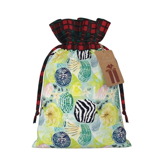 Rocae Shell Clam Print Christmas Drawstring Linen Gift Bag with Drawstrings Treat Bag Goody Present Bags for Christmas Party Favor