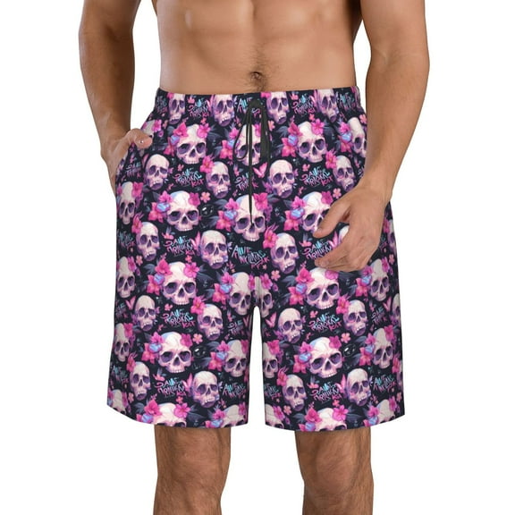 Rocae Skull Flower for Men's Beach Shorts Casual Elastic Waist Drawstring Summer Beach Shorts,S-3XL-3X-Large