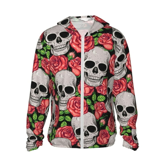 Rocae Skull and Roses Print Breathable Sun Protection Hoodie Quick-Dry Lightweight Long Sleeve Hoodie Unisex Running Sports Shirt Small