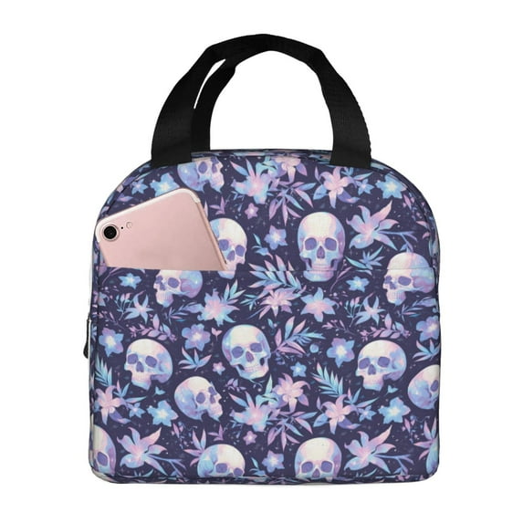 Rocae Skull flower white blue for Insulated Lunch Bag for Women Men,Large Lunch Box for Work School Picnic Hiking Daytrip