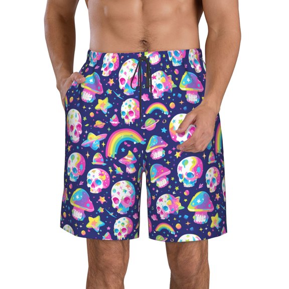 Rocae Skull mushroom rainbow space for Men's Beach Shorts Casual Elastic Waist Drawstring Summer Beach Shorts,S-3XL-Small