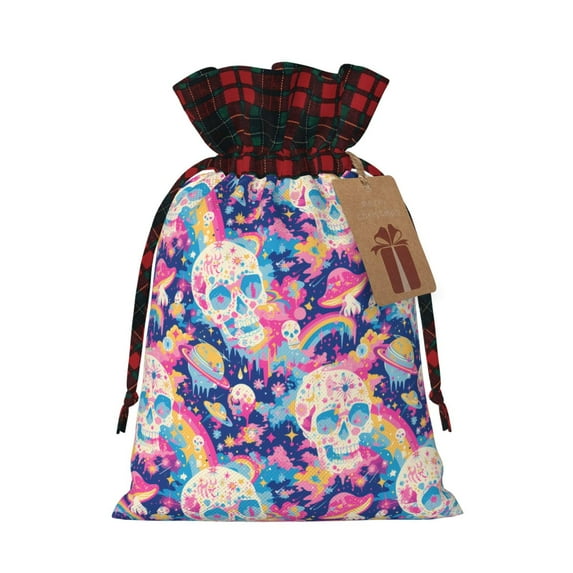 Rocae Skull rainbow color space Print Christmas Drawstring Linen Gift Bag with Drawstrings Treat Bag Goody Present Bags for Christmas Party Favor