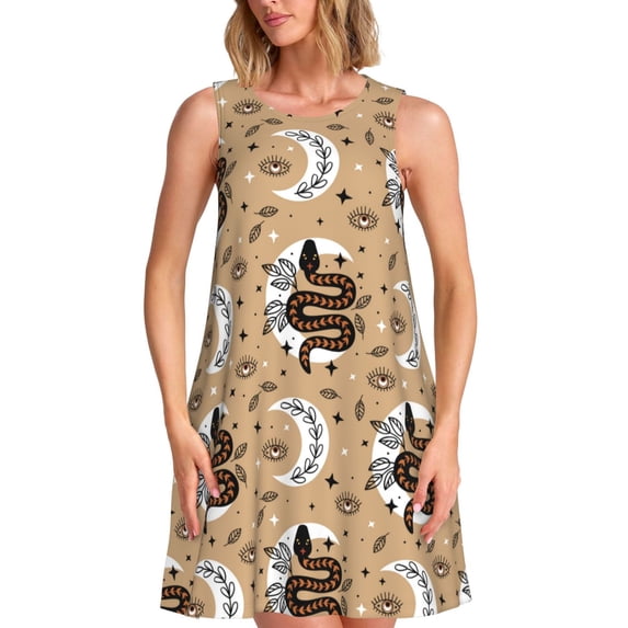 Rocae Snake And Flower for Sleeveless Dresses Summer Casual Ruffle Sleeveless Cute Crew Neck Flowy Dress with Pockets