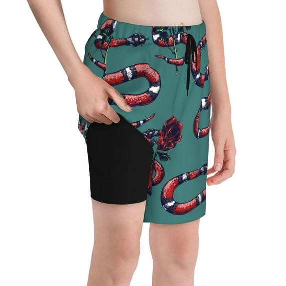 Rocae Snake And Rose for Teen Beach Trunks Boys Swim Trunks with Compression Liner Quick Dry Board ShortsX-Large