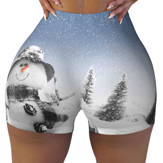Rocae Snowman And Christmas Tree for Women's Quick-Dry Running Shorts,Ladies Active Athletic Apparel Yoga Workout Gym Running Volleyball Spandex Shorts Medium