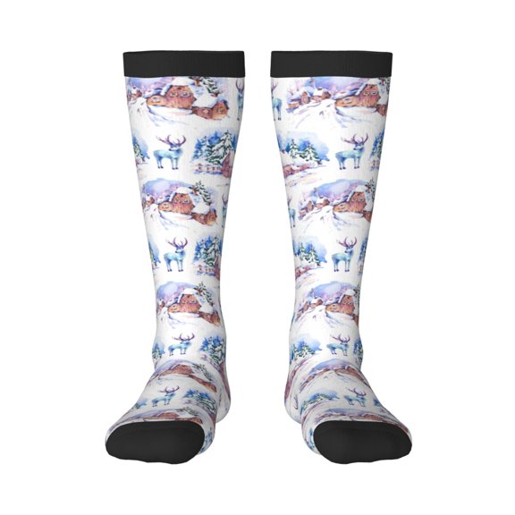Rocae Snowy Cottage Holiday Scene for Novelty Casual compression Socks For Women Men Contrast Color Stockings