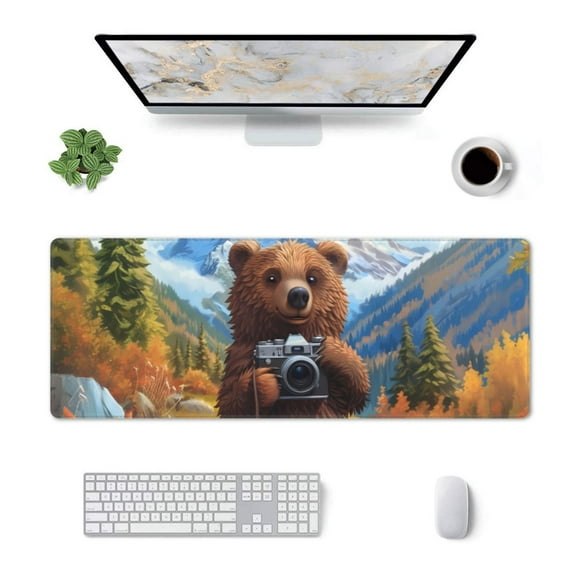 Rocae Snowy Mountain Photography Bear for Gaming Mouse Pad, Mouse Pad Large, Office Computer Keyboard Mousepad, Keyboard and Mouse Pad with Stitched Edges,31.5 x 11.8 in