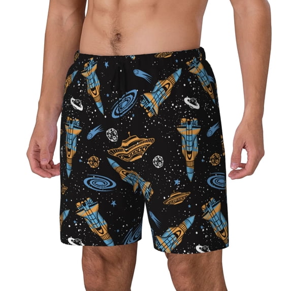 Rocae Space Rocket for Men's Swim Trunks Quick Dry With Two Side Pockets and One Lined Patch Pocket