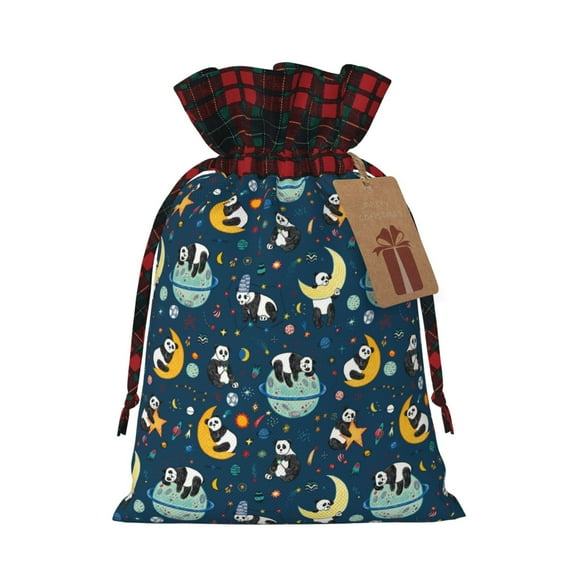 Rocae Space Sleeping Panda Print Christmas Drawstring Linen Gift Bag with Drawstrings Treat Bag Goody Present Bags for Christmas Party Favor