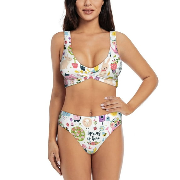 Rocae Spring Flowers Birds for Bikini Set for Women Two Piece Sexy High Swimsuits Split Crossover Bikini Medium
